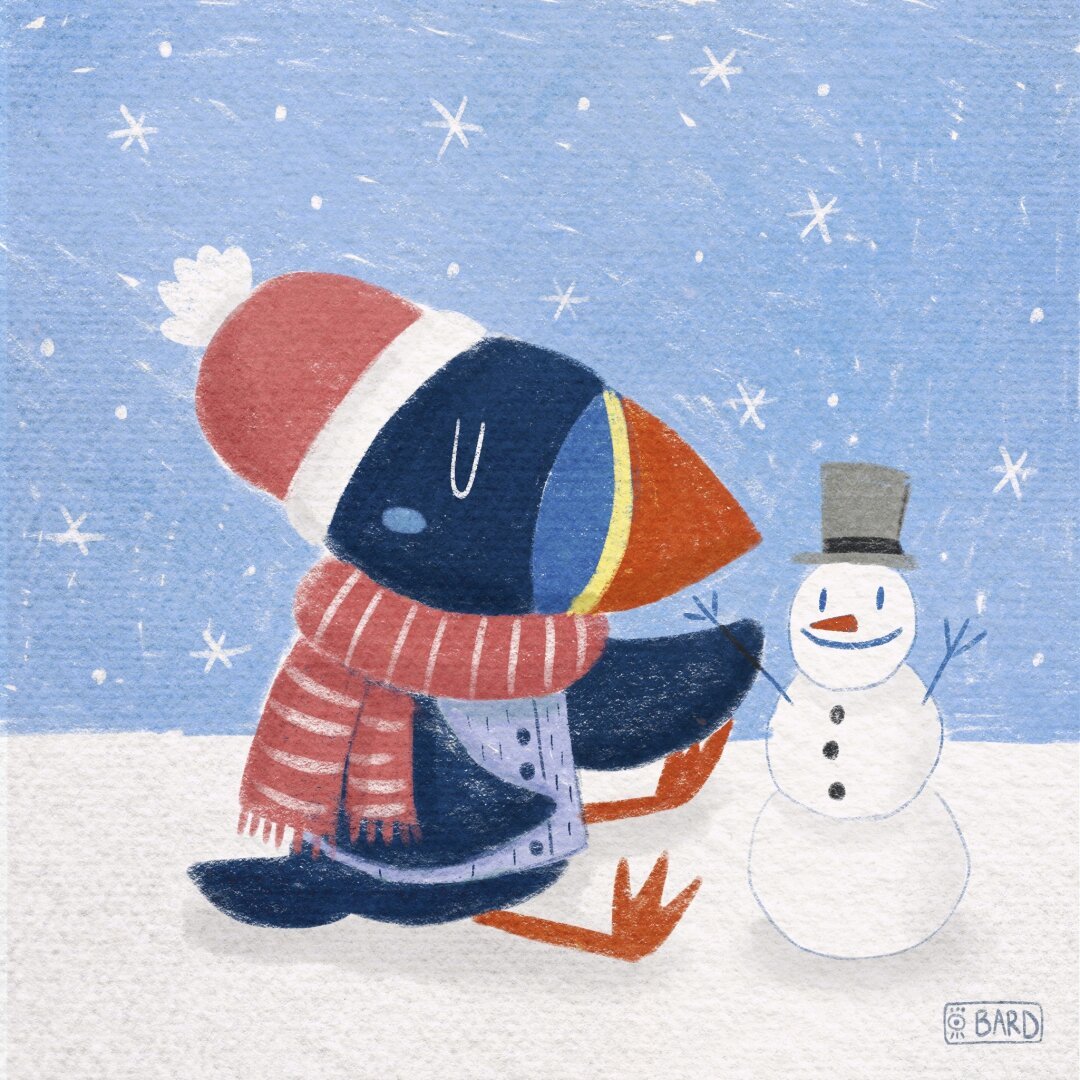 Illustration of a puffin in winter clothes doing a snowman.