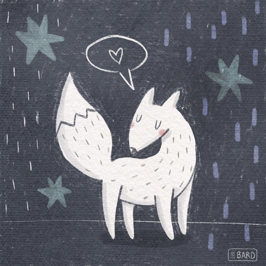 Illustration of a white fox on a gray background with blue stars.