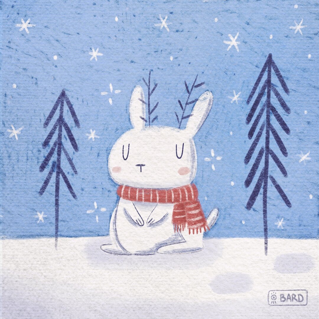 Illustration of a jackalope with a scarf in a winter forest.