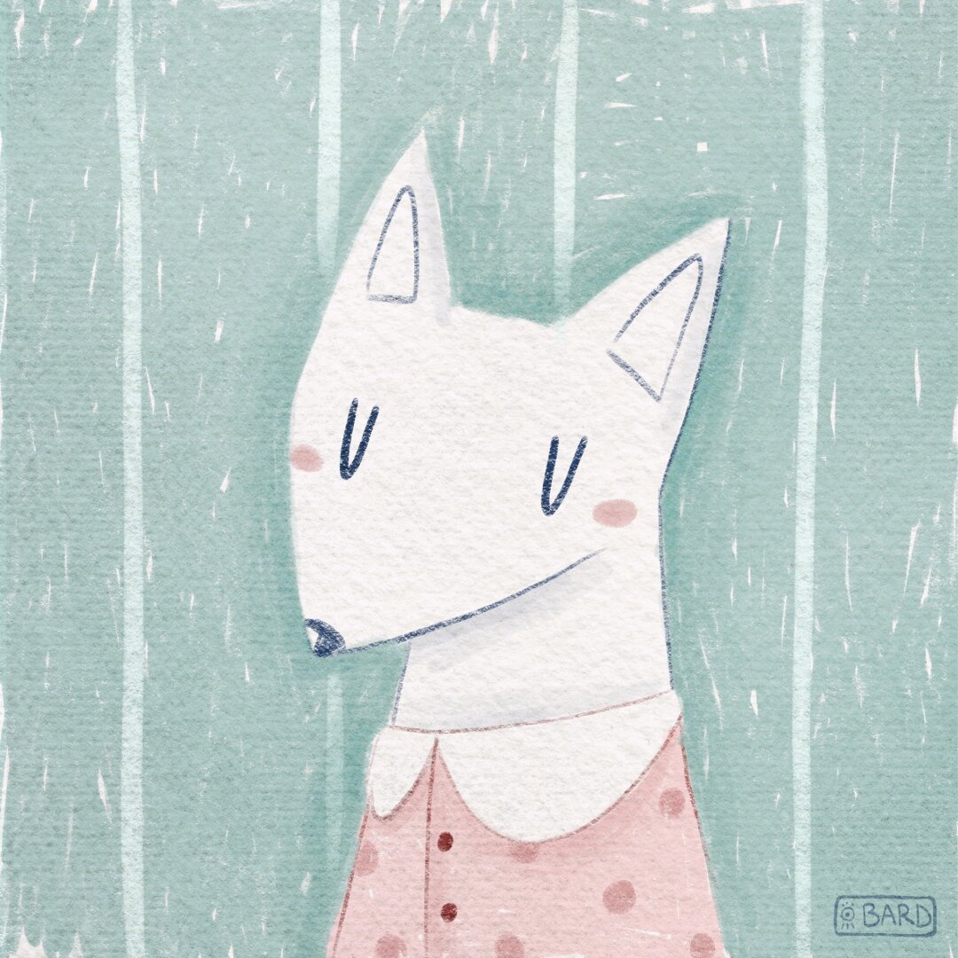 Illustration of a white fox in a pink shirt.