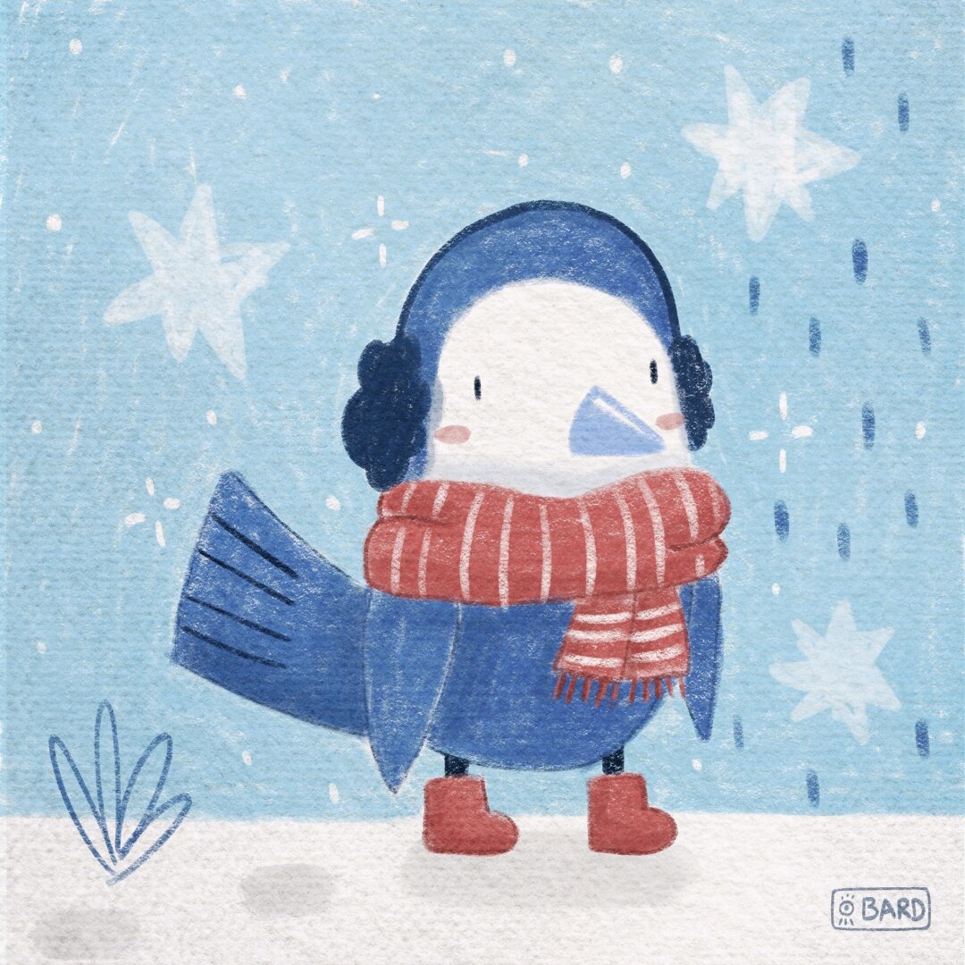 Illustration of a blue bird in winter clothes.