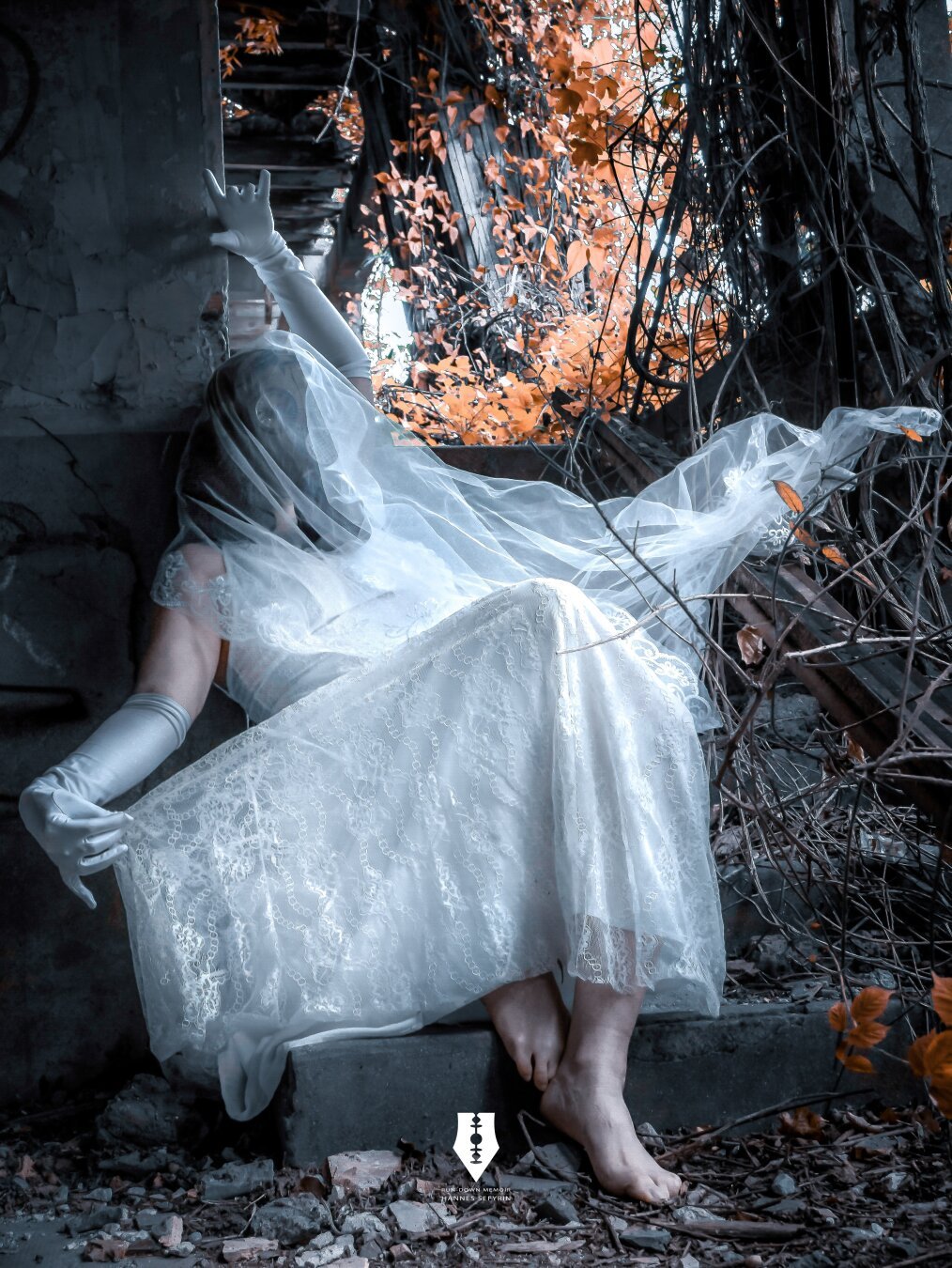 A woman in a wedding dress lies on the stairs of an abandoned building, wearing a gas mask. The atmosphere is cold and eerie, with the contrast between the bridal gown and the mask creating an unsettling juxtaposition. The surrounding environment feels desolate and forgotten, amplifying the sense of isolation and tension in the scene.