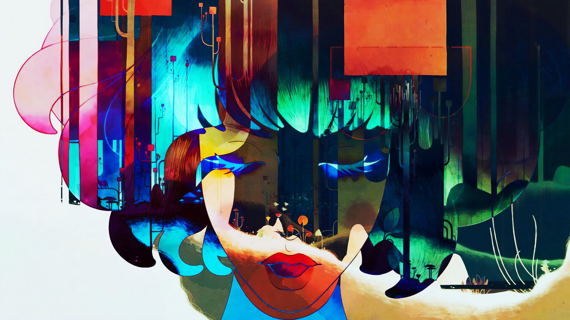 A multi-coloured silhouette of a grieving woman, superimposed over a wild forest.