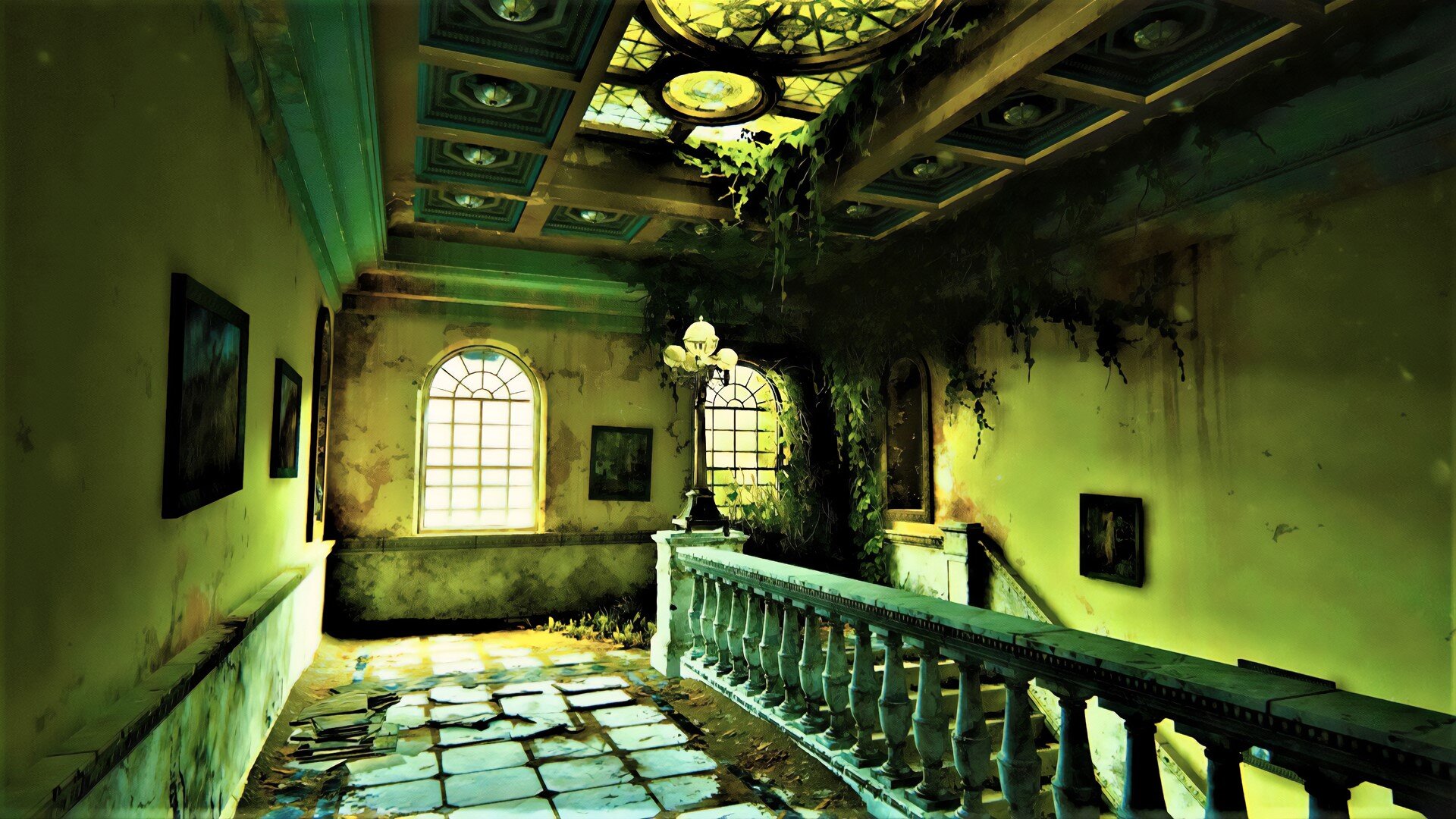 The stairwell of an abandoned hotel; the elaborate bannisters, skylight, and windows herald a bygone era.