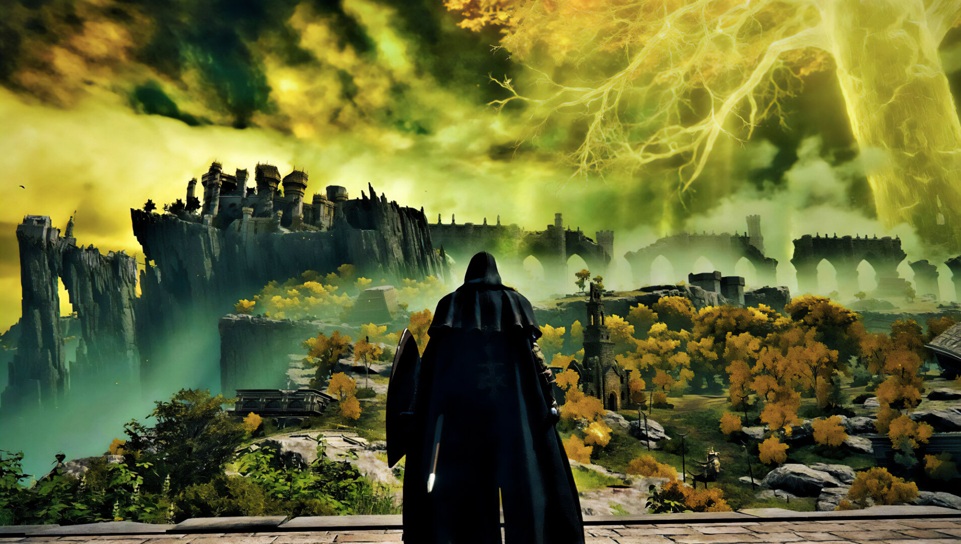 The hero gazes on the forests and fields of Limgrave as the Erd Tree looms in the distance.