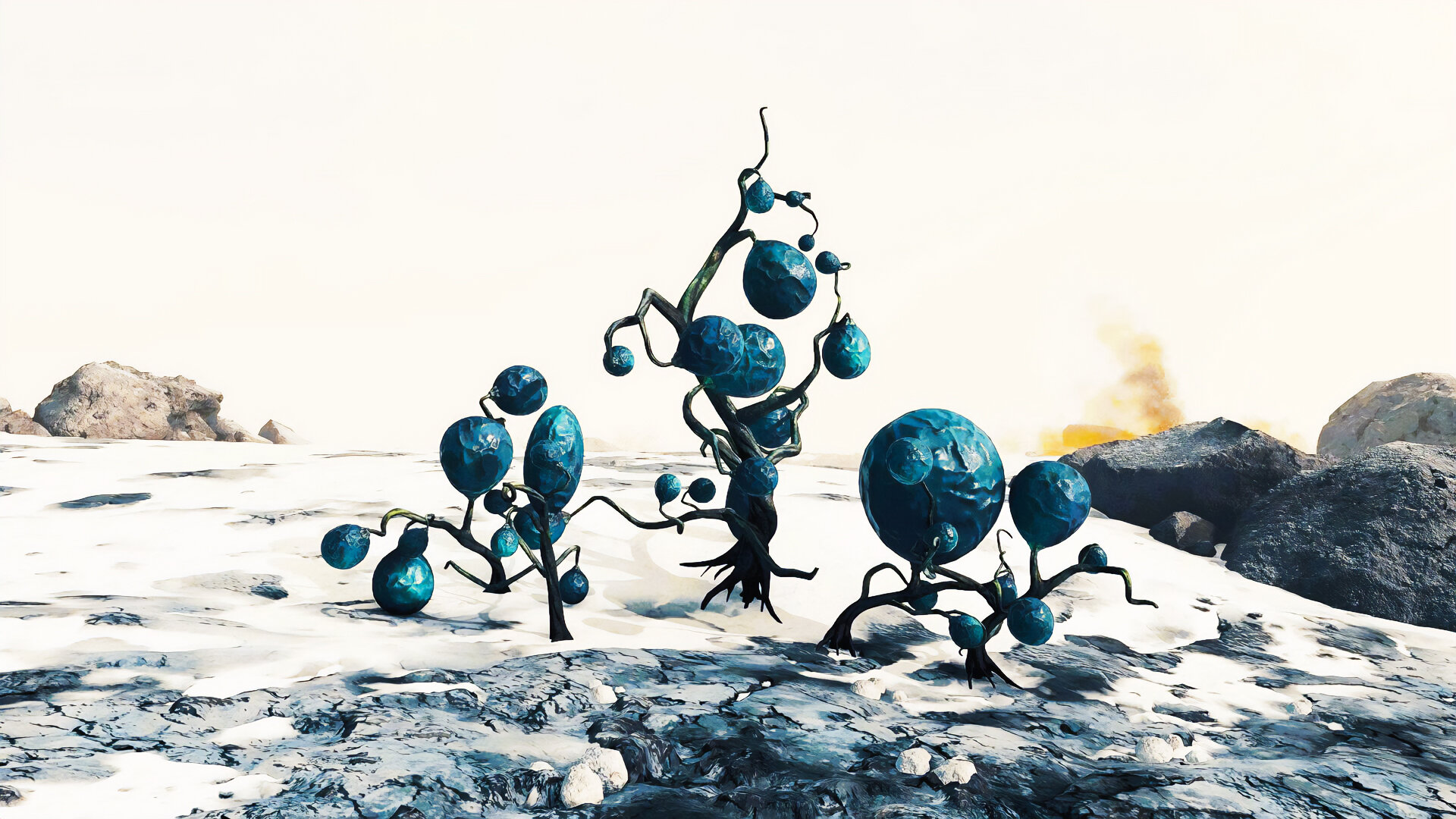 Turquoise pods sprout from a plant against a stark, pale landscape.