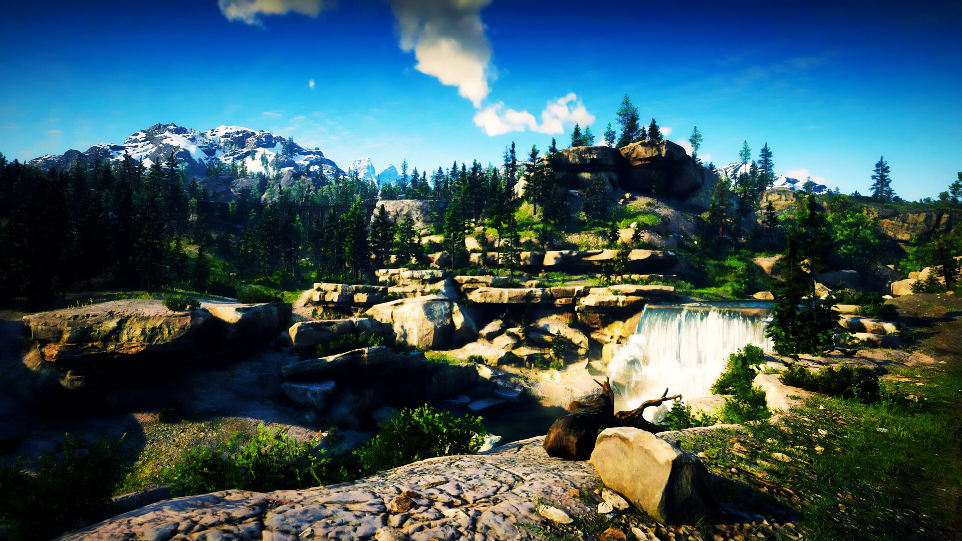 Waterfalls, pines, and rocks comprise the landscape of the Heartlands, near Valentine.