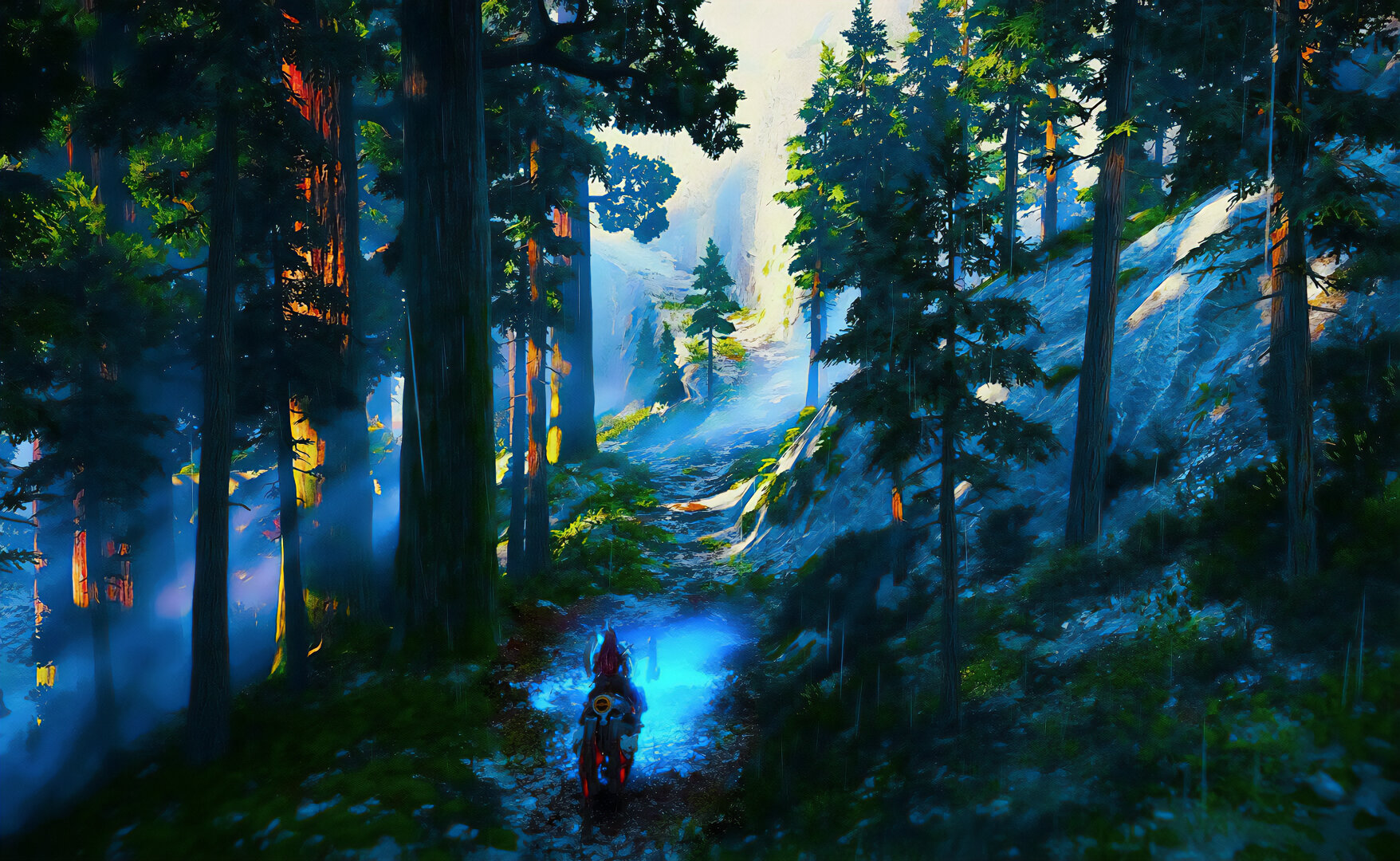 Aloy journeys through a misty boreal forest.