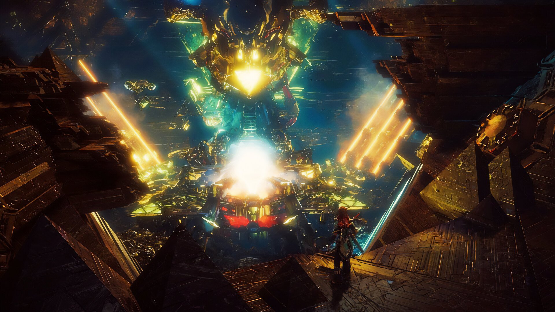 Aloy enters Cauldron Sigma, brimming with lights and active mechanisms.