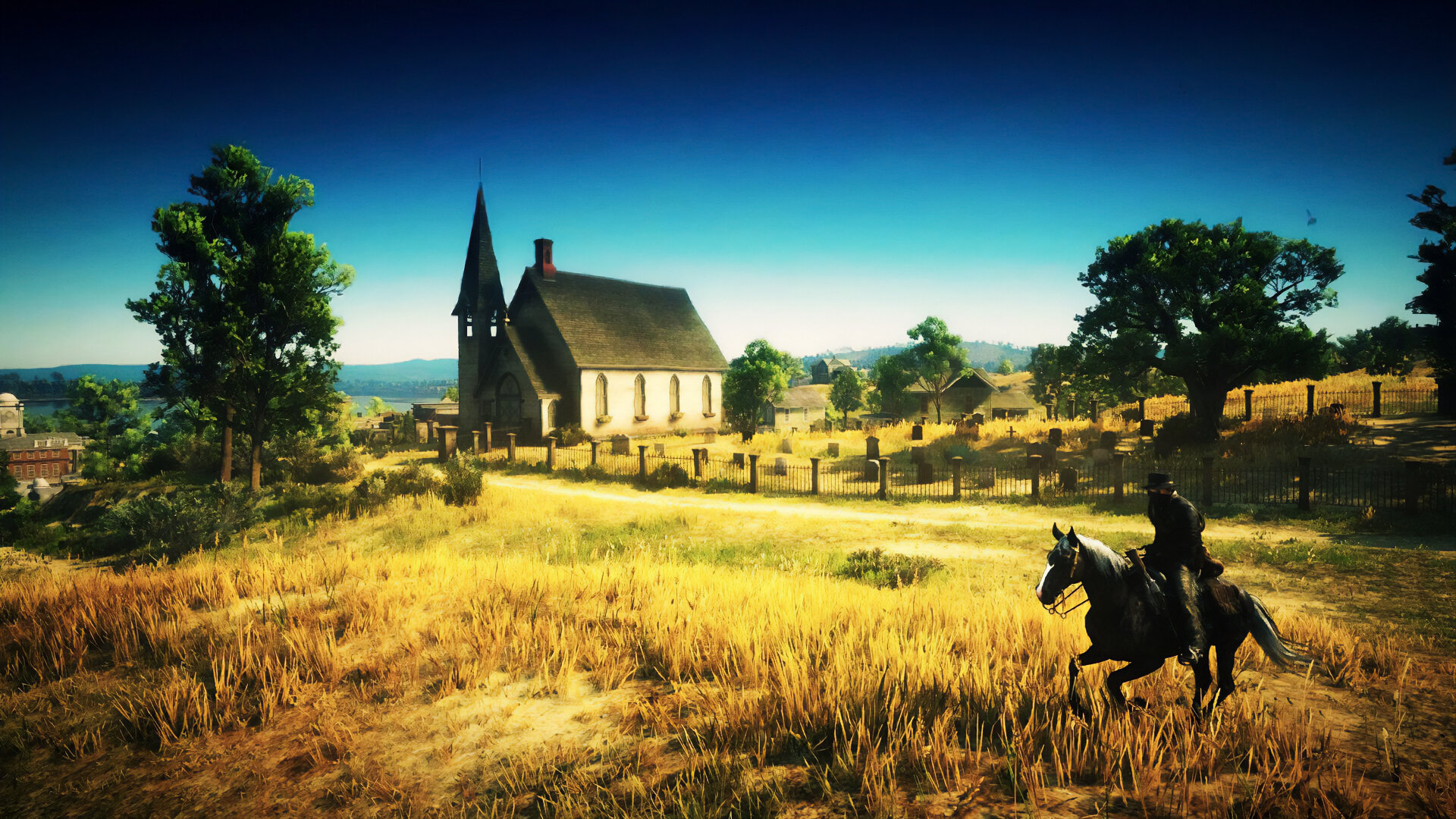 Arthur rides past the fields of Black Water, West Elizabeth; an old church serves as a backdrop to the scene.