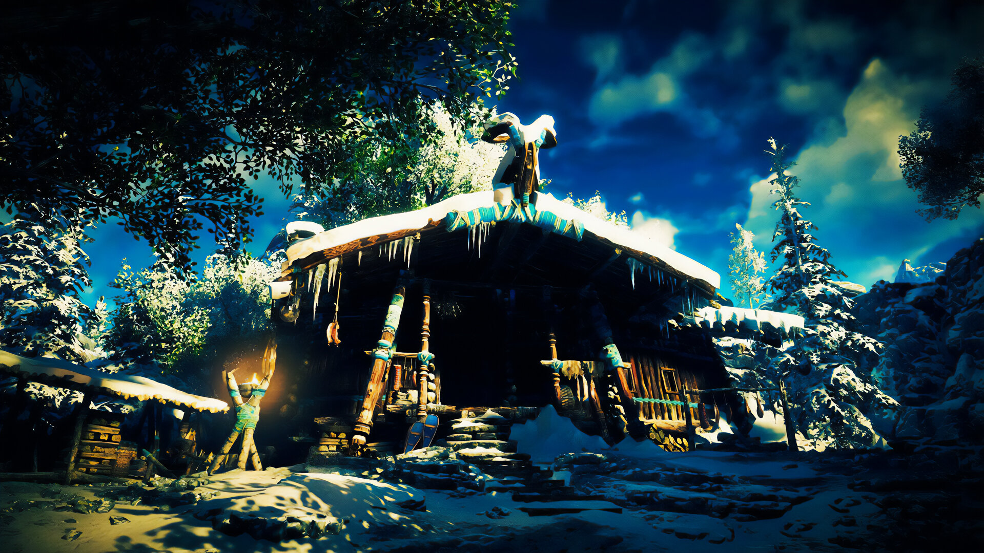 A cabin engulfed by snow.