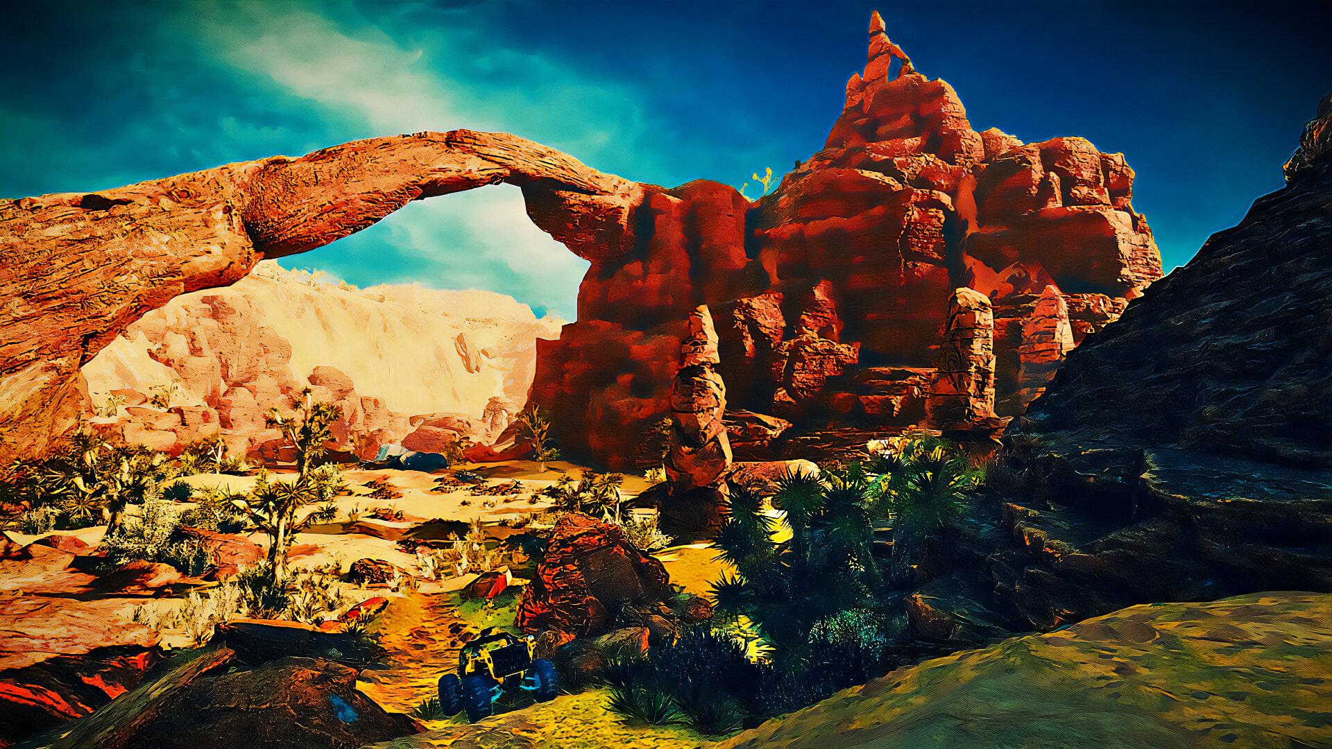 Rugged desert rocks rise into the blue sky as Sarah and the Spacefarer embark on a perilous journey through the wilds.