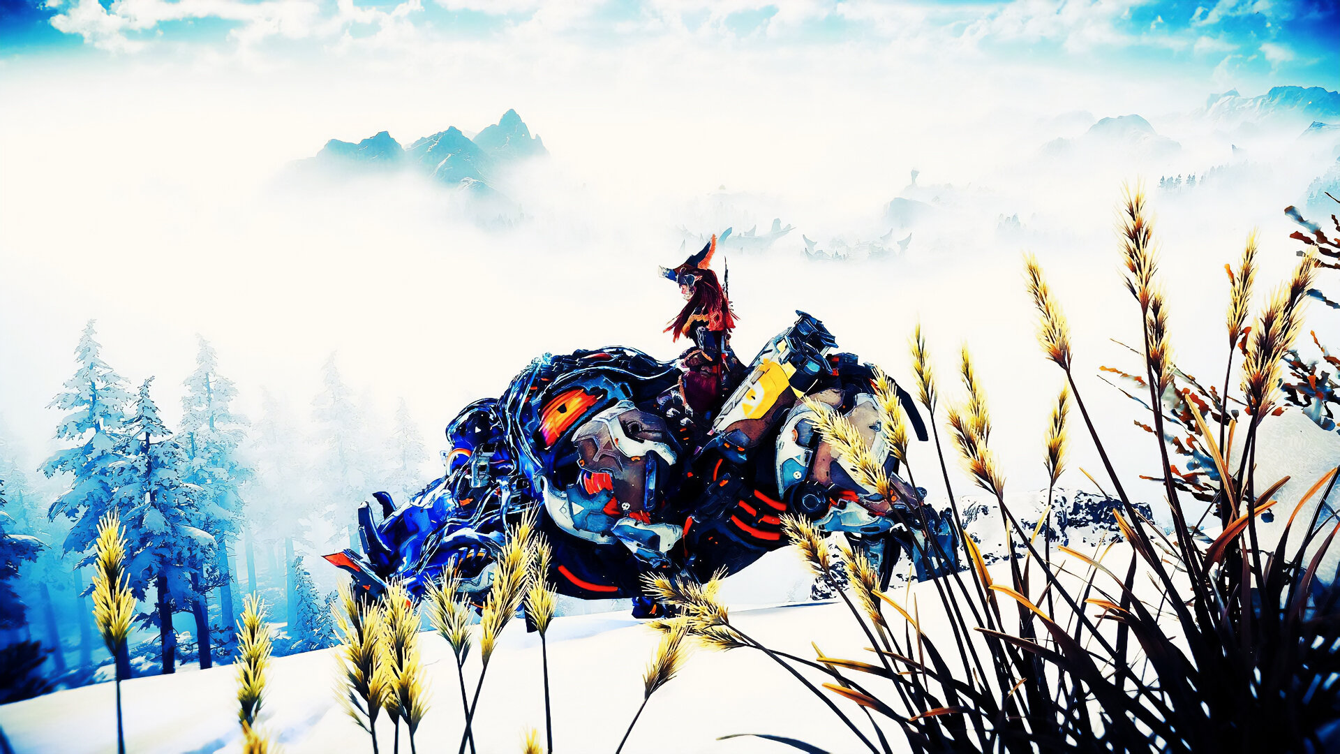 Aloy and her mount traverse the bleak snows.