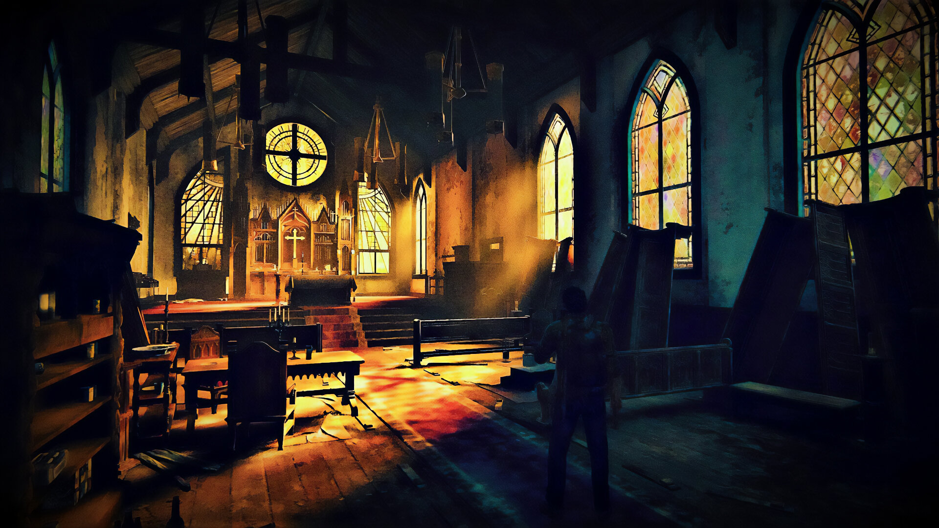 Sunlight pours into the interior of an old church, partially preserved.