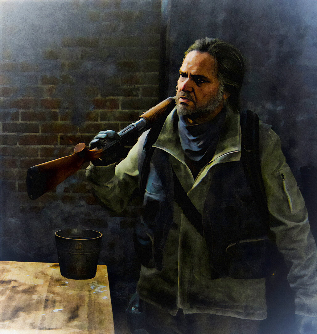 A portrait of the survivalist, Bill, resting a shotgun on his shoulder.