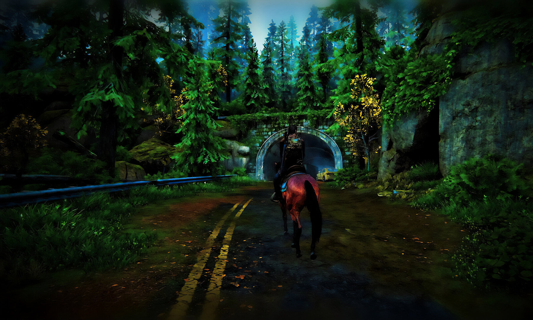 Joel traverses an overgrown highway by horseback.