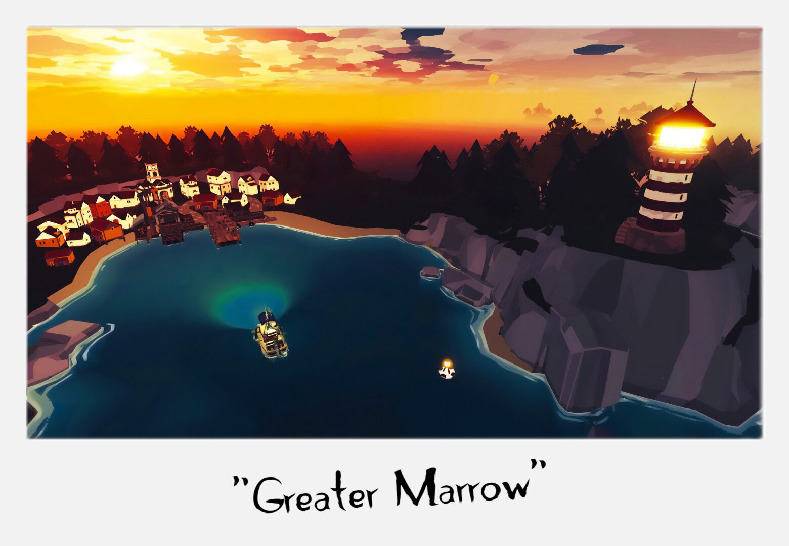 A trawler sails into the harbour at Greater Marrow; the lighthouse looms over the cliffs, as the low sun casts golden tones across the horizon.