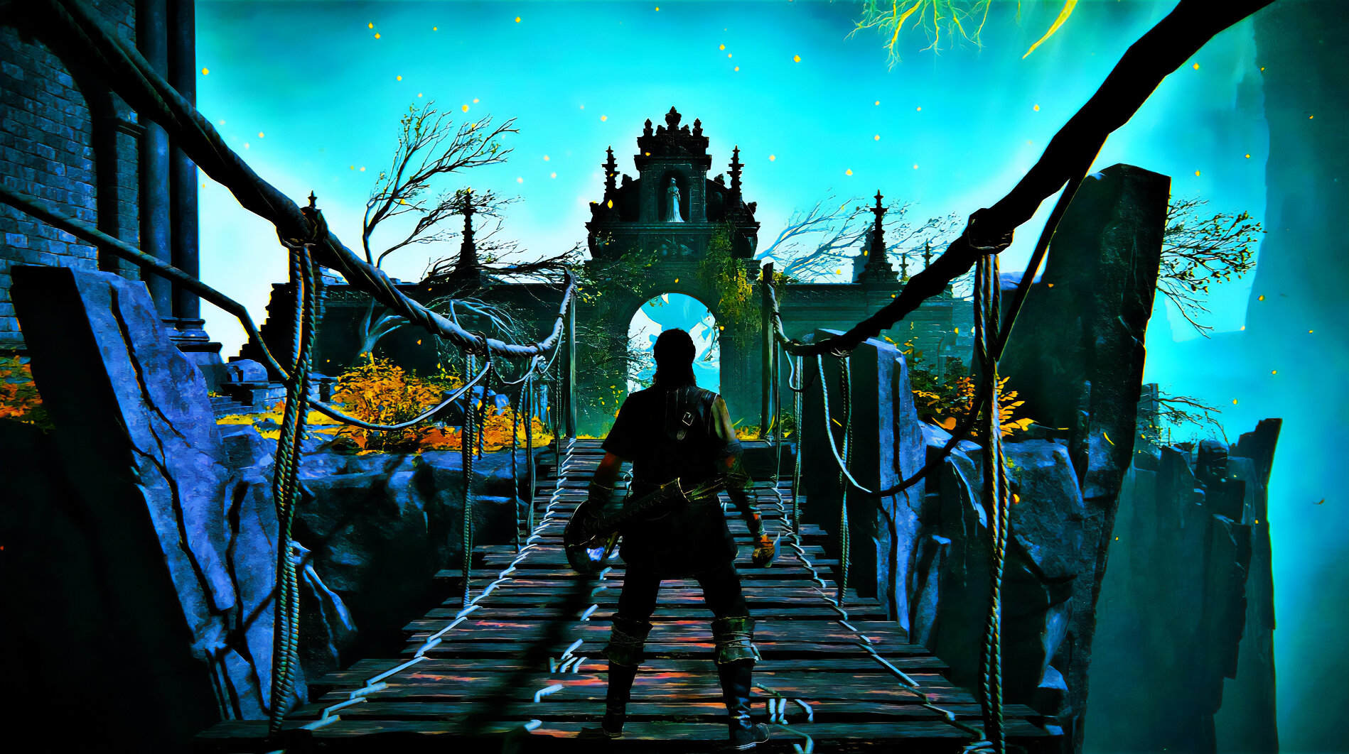 The hero crosses a bridge that leads to an ornate gate.