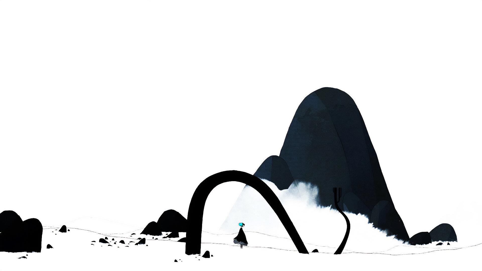 A stark black and white landscape, using an excess of negative space, surrounds a tiny figure.