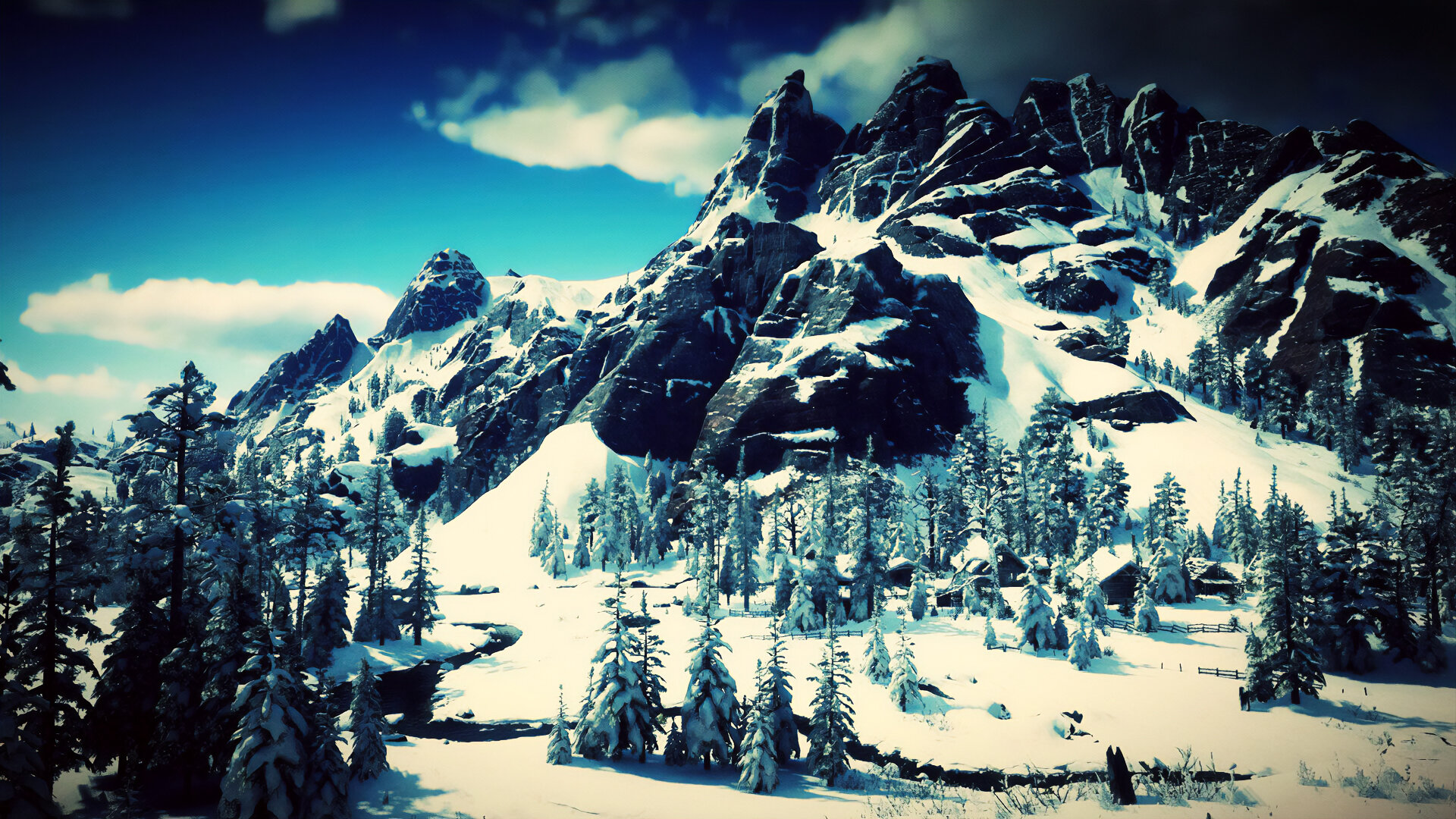 The snow-capped peaks of Ambarino, where we are first introduced to the Van Der Linde gang as they survive a brutal winter.