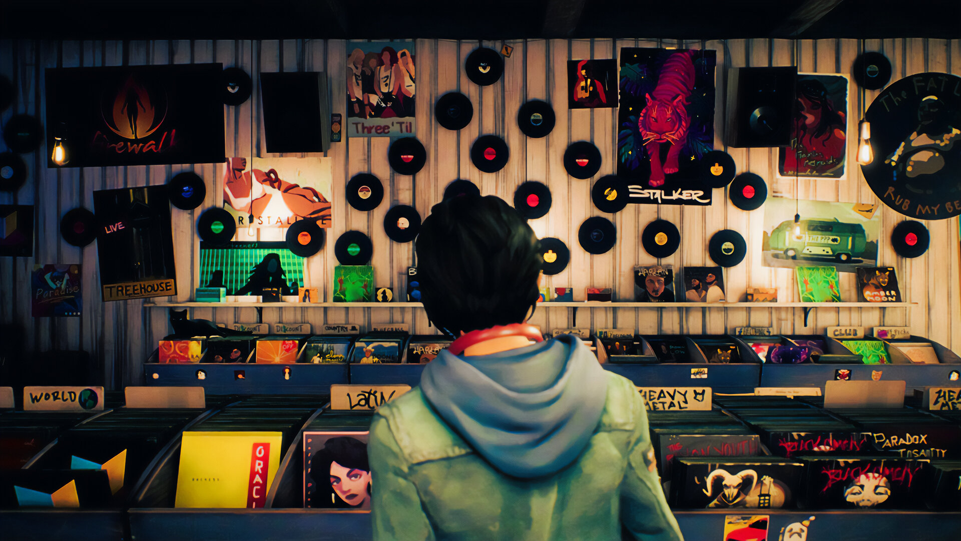 Alex peruses the LPs in Rocky Mountain Record Traders where she meets her found family, Steph and Ryan.