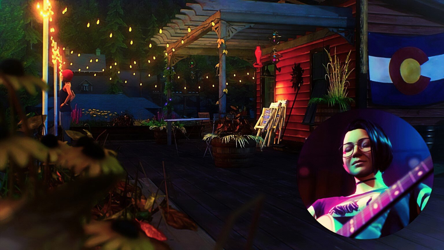 Steph awaits Alex on the rooftop of her loft apartment after the festival. To the right, a portrait of Alex playing guitar in concert.