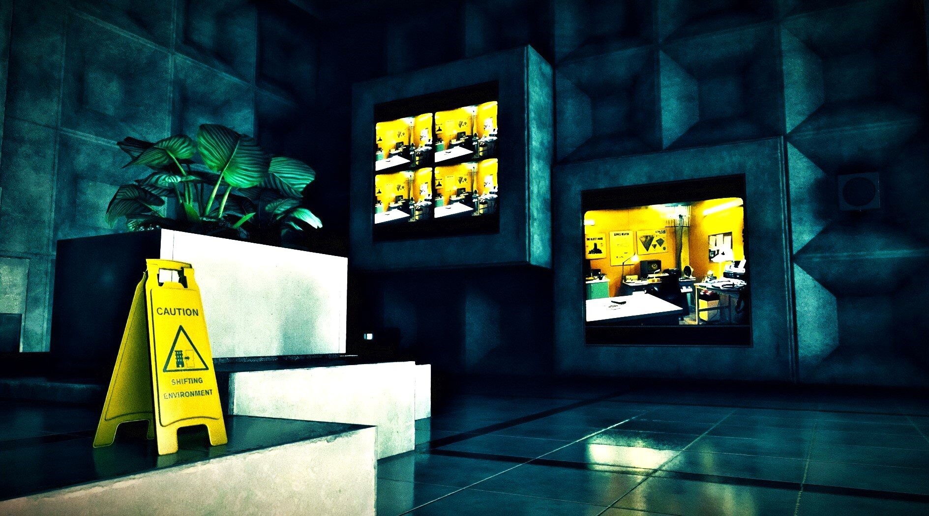 Screens showcasing the brightly-lit rooms of the Research Sector; a caution sign is positioned nearby.