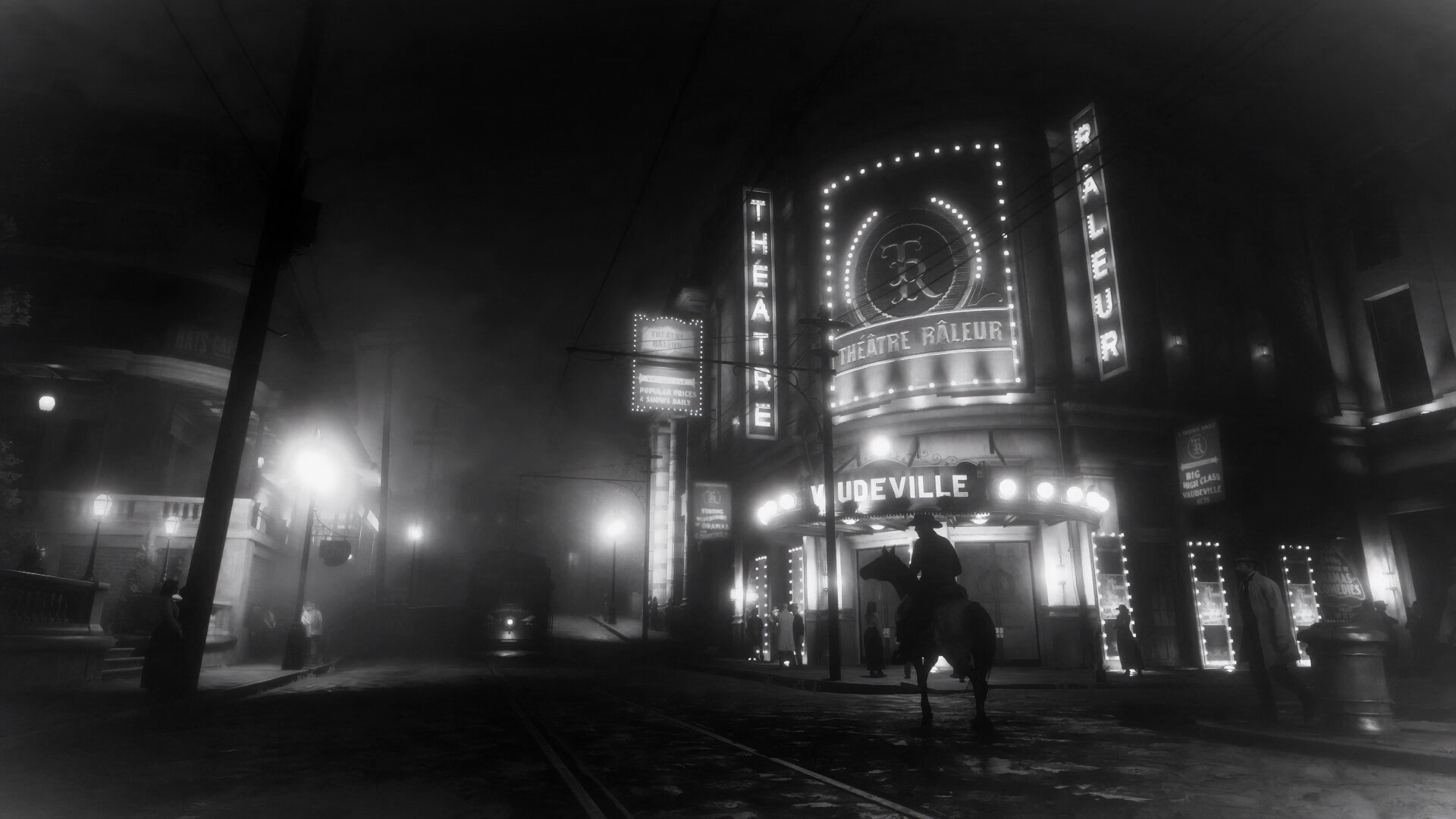 A black and white landscape of the vaudeville theatre in Saint Denis.