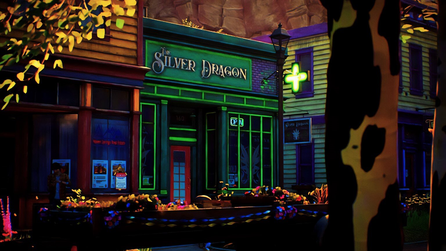 The Silver Dragon, a pharmacy owned by Charlotte. Flowers and trees line the street.