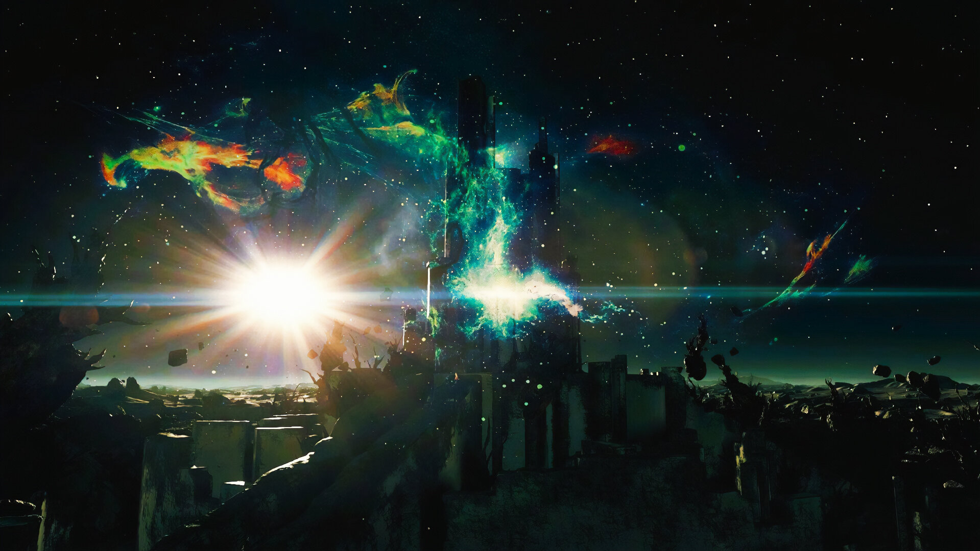 An ancient temple, superimposed against the clouds of a nebula.