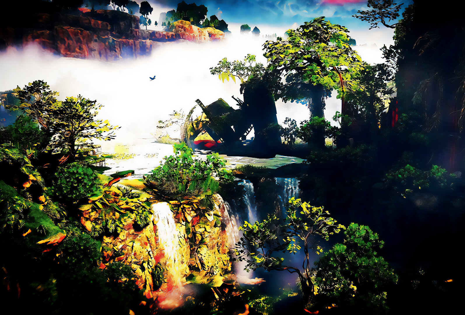 Waterfalls cascade down rocky crevasses engulfed by jungle.