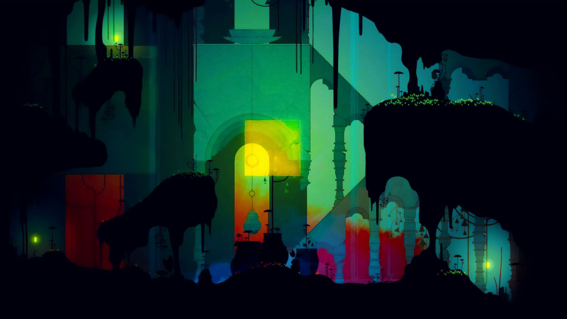 Old ruins - faintly lit - are embedded in a cavernous underground.