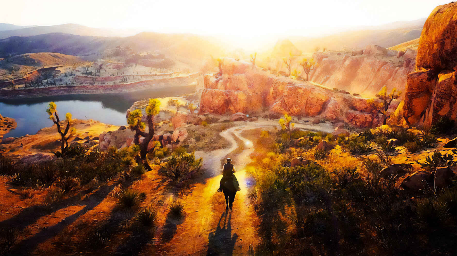 John rides into the desert as the sun cascades across the mountains.