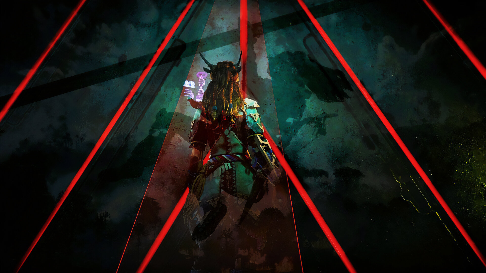 Aloy stands before a cauldron door; an image of her gliding across the sky on a zipwire is superimposed as a silhouette.