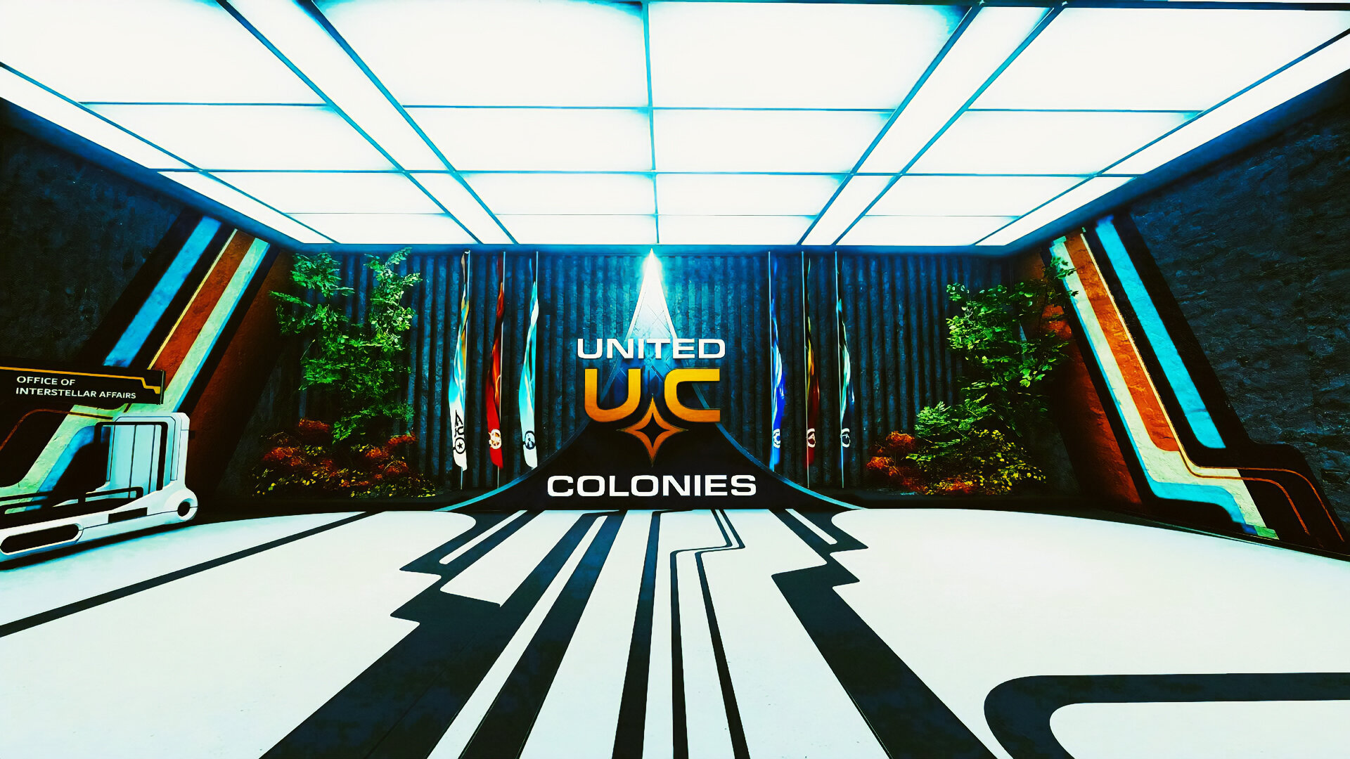 The lobby of the MAST headquarters, New Atlantis. Regalia of the United Colonies adorn the brightly lit room.