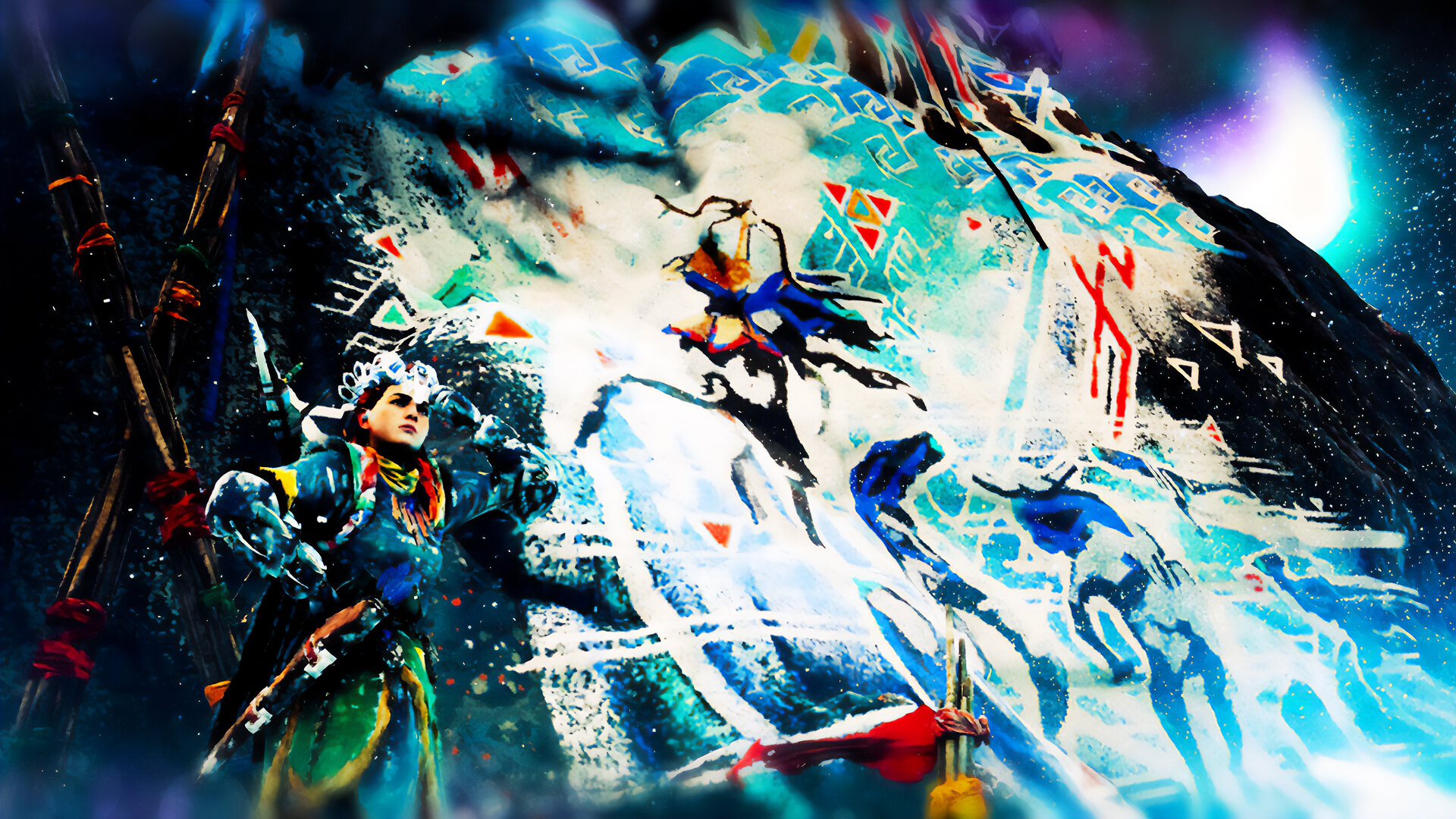 Aloy stands before a mountain mural depicting her journey; the aurora lights up the sky in the background.