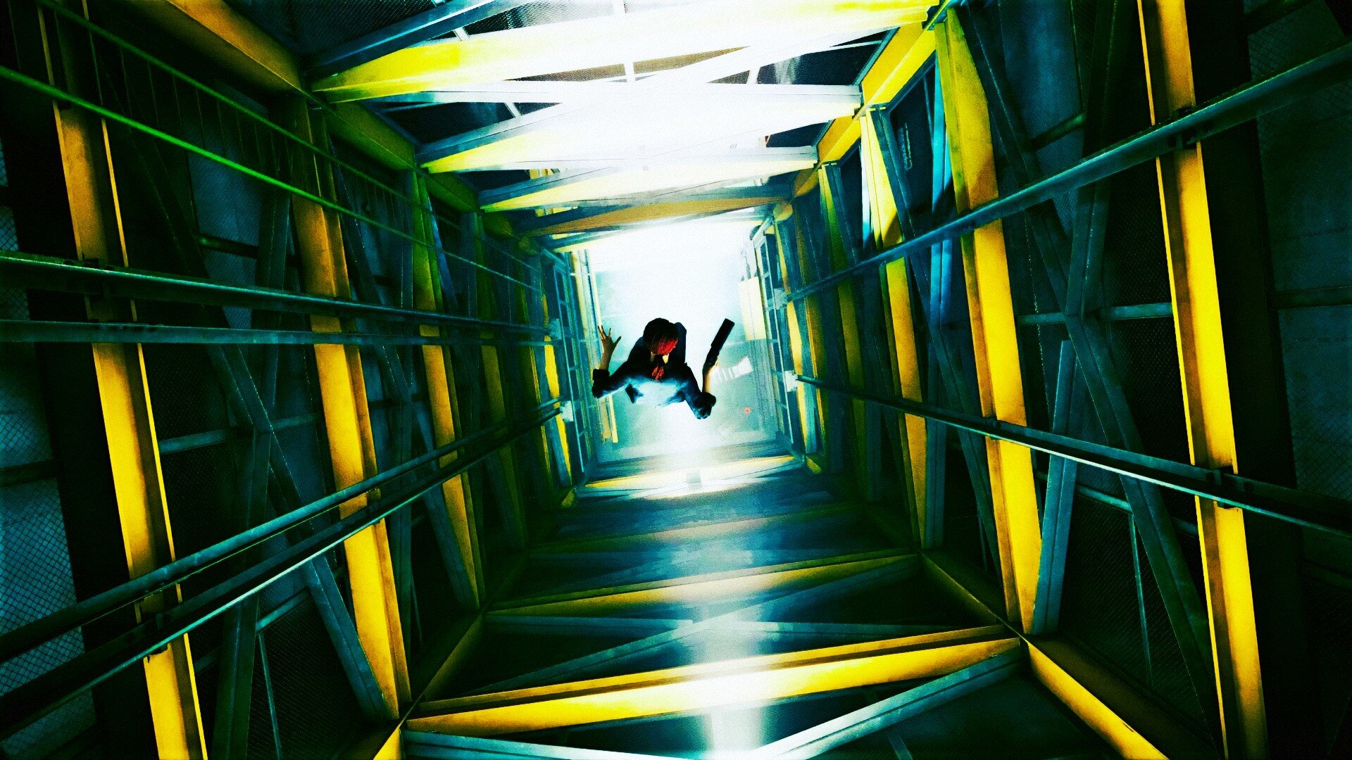 A top-down view of Jesse Faden descending an elevator shaft using her telekinetic powers.