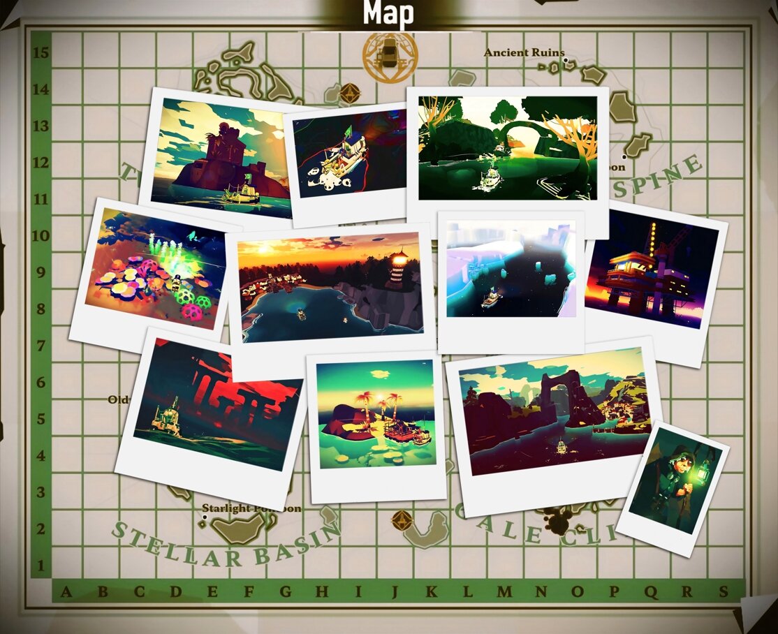 Sojourns (left to right): Old Fortress, oil spill, the Twisted Strand, the Lighthouse Keeper, corals, Greater Marrow, the Pale Reach, the Iron Rig, the Devil's Spine, the Stellar Basin, and Ingfell.