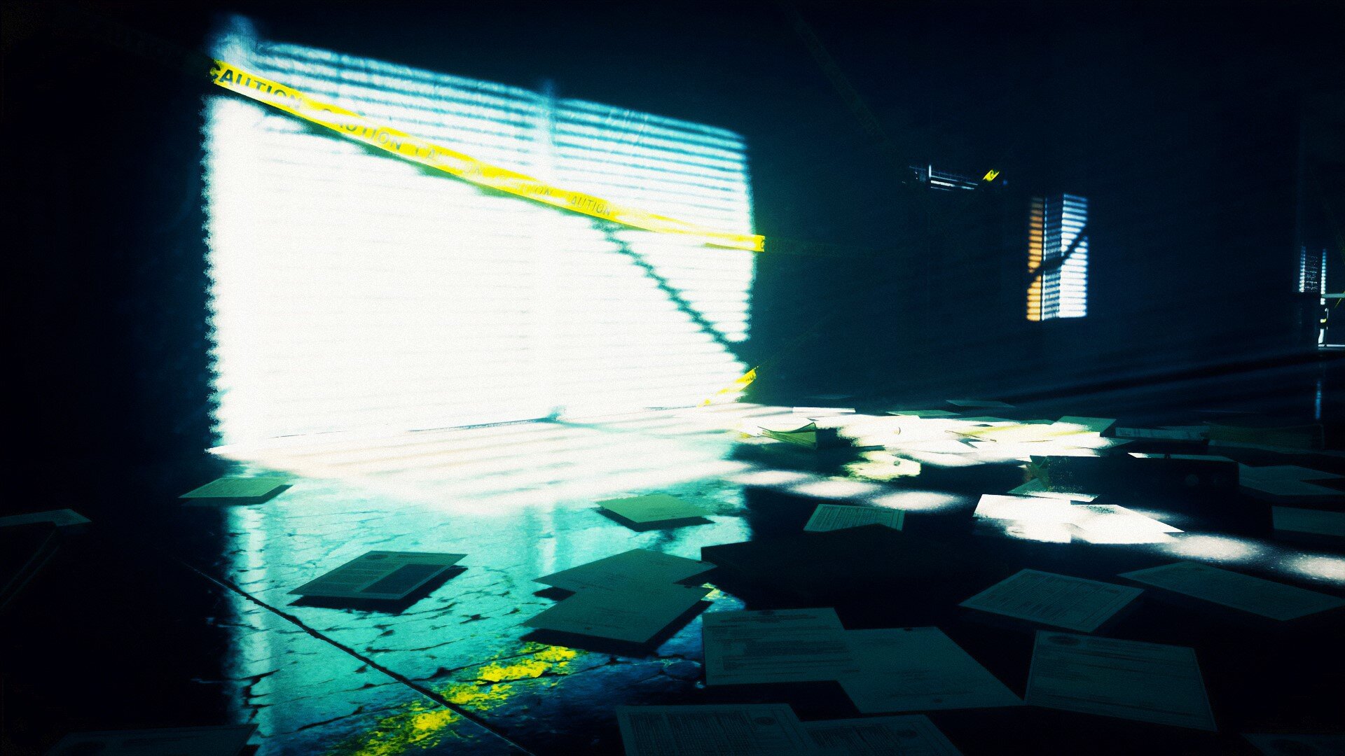 CAUTION tape cordons off a section of a hallway as light scatters across a floor strewn with papers.