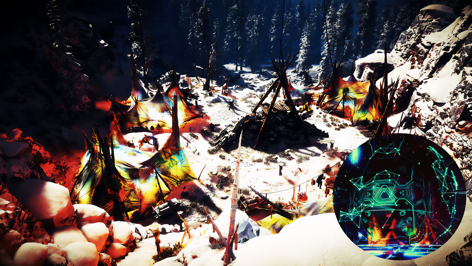 A Banuk village in the snow; to the right, a portrait of CYAN, represented by circular symbols and glyphs.