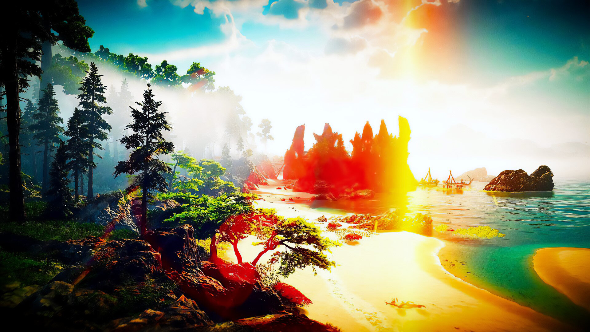 The afternoon sun blazes through old world ruins drifting on the coast; the sea glistens to the west, while lush vegetation sprawls east.