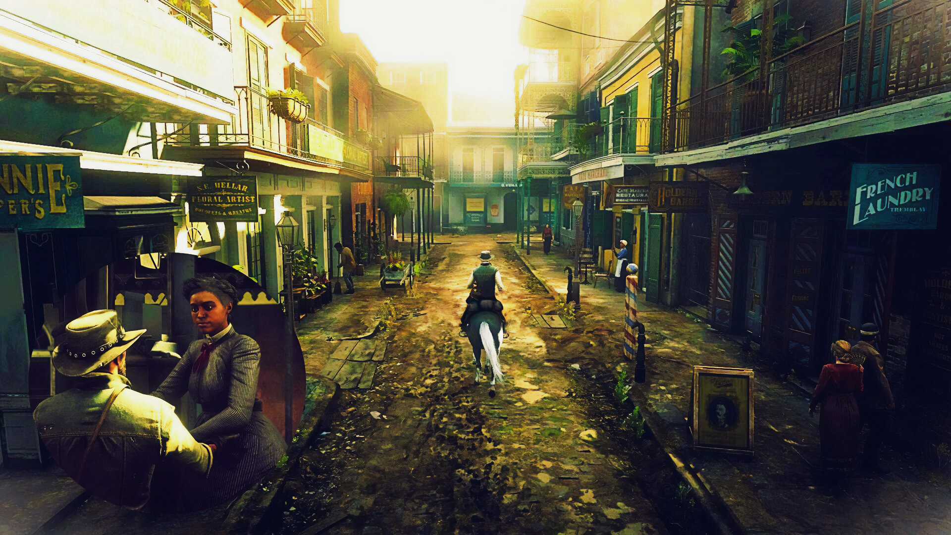John Marsden rides through the streets of Saint Denis; a picture of John reuniting with Tilly Jackson on the left.