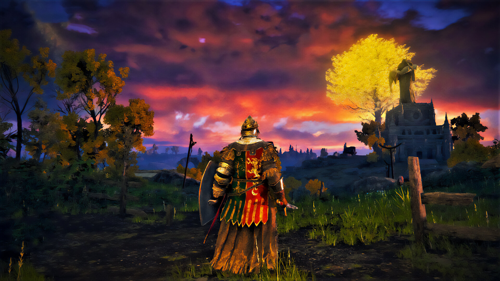 The hero watches the crimson sunset cast across the clouds; the trees and fields darken while the Erd tree glows.
