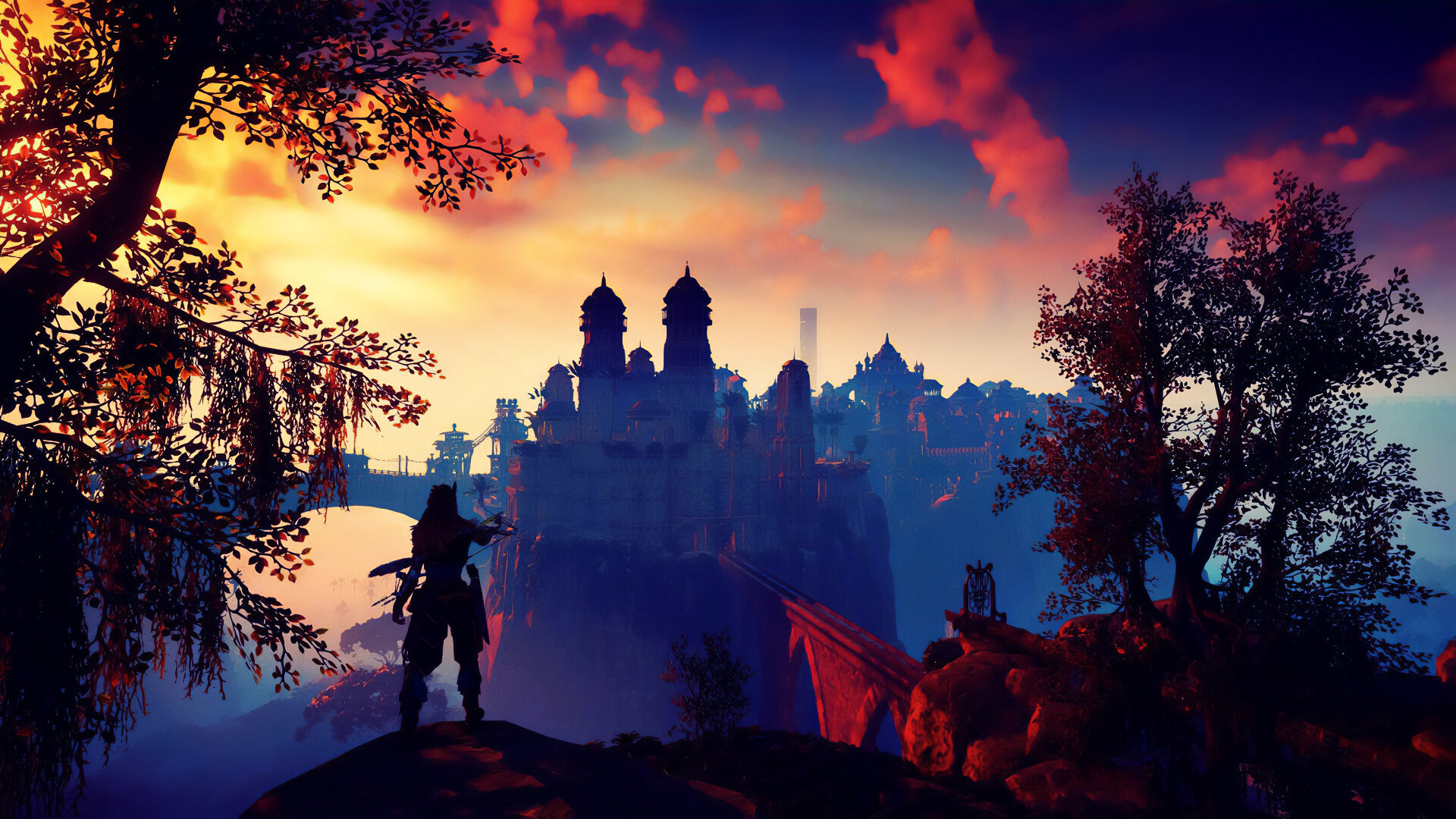 The Seeker gazes upon a sunset silhouette of Meridian, the Sundom's great capital.