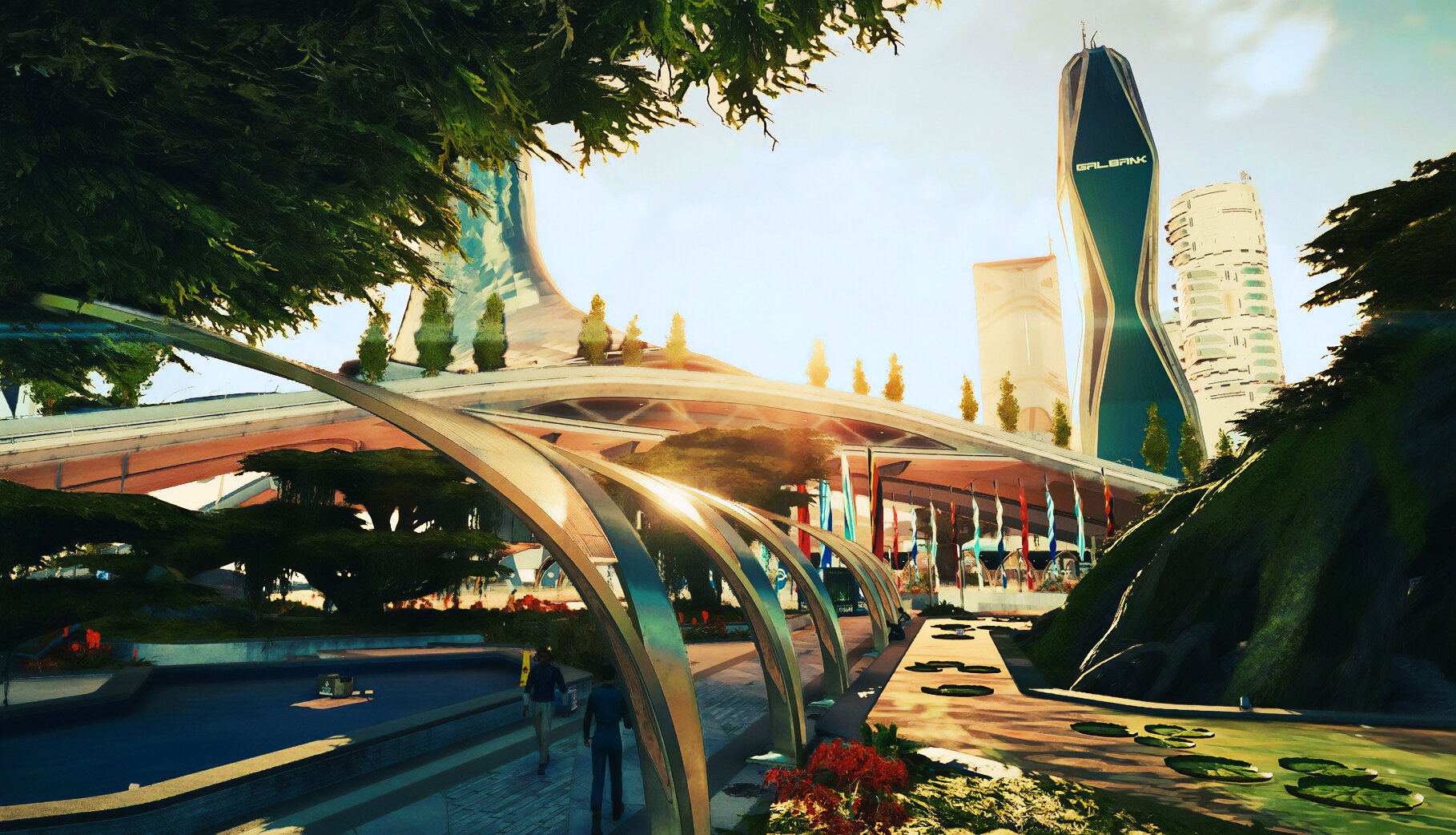 New Atlantis, the proud capital of the United Colonies. Gleaming towers, flag-lined promenades, and lush green space with rivers and ponds characterise its Utopian facade.