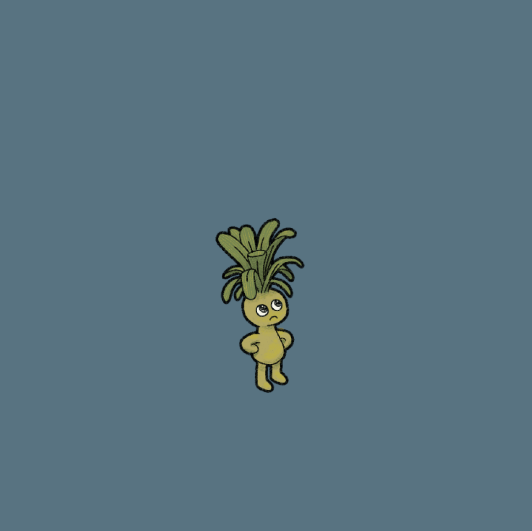 This is a little elfish sweetie with a leafy plant sprouting upwards out of his head. He has his hands on his hips, and is looking disapproving.