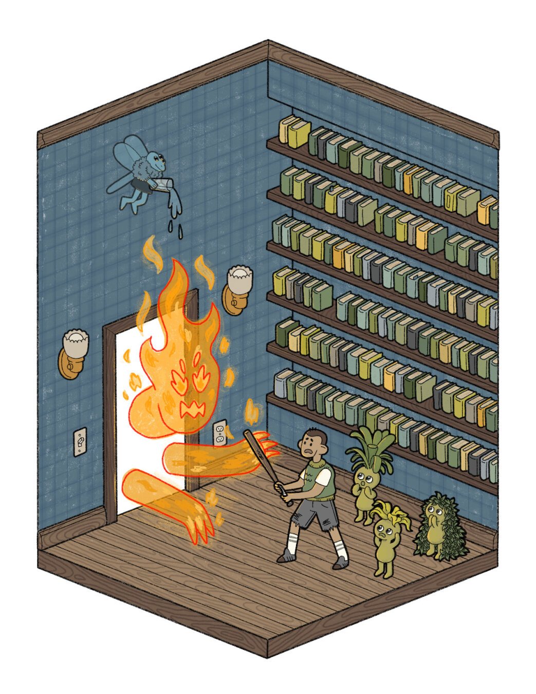 In a library, a large flame monster enters through a magical doorway. A boy fights it off with a baseball bat, protecting three little green elfish sweeties, and a wall full of books from being burnt. A little blue fairy flies above the flame monster, about to pour a glass of water on its head.