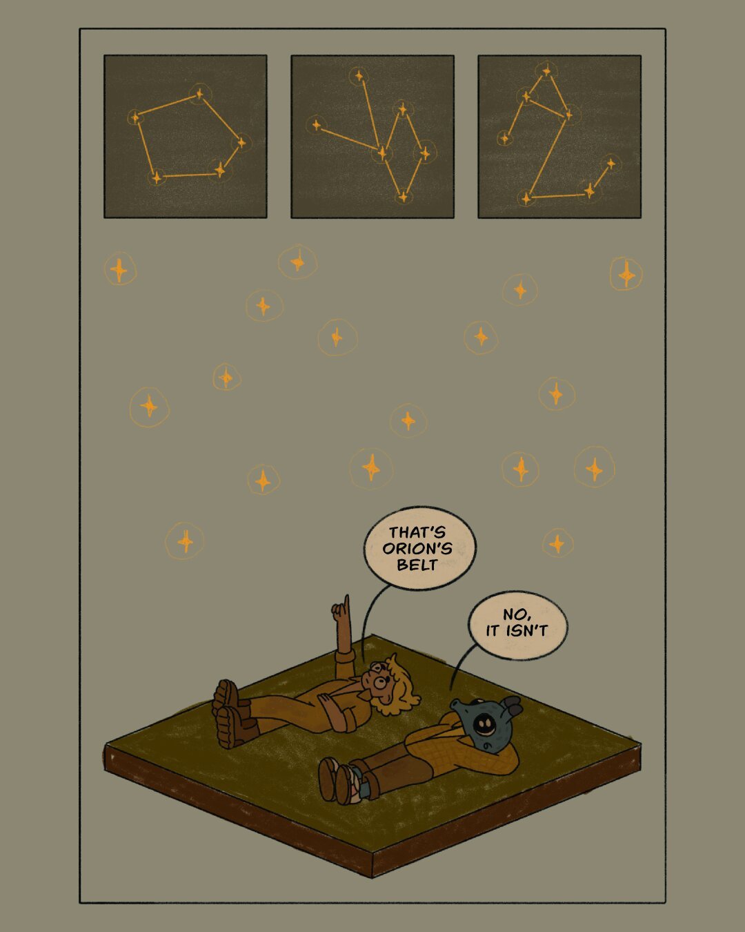 At the top of the page are 3 panels, each filled with a different constellation. 

The middle of the page is filled with stars in the night sky.

At the bottom our two protagonists lay in the grass.

One of them is pointing up at the sky saying “that’s Orion’s Belt.”

The other responds “no it isn’t.”