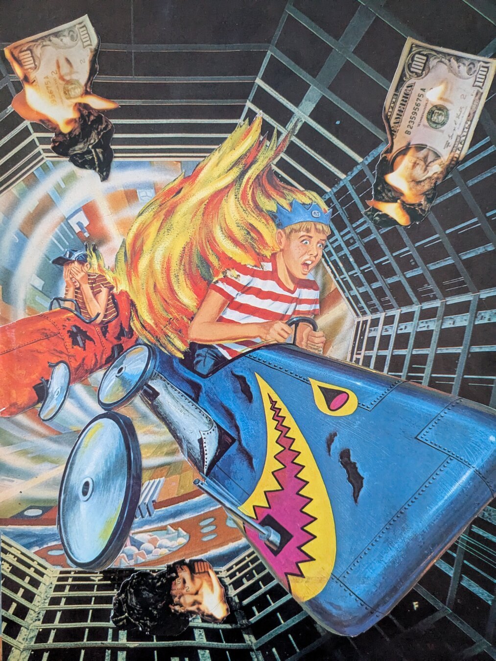 A collage image of a tunnel with two young boys in flaming derby cars, one car is painted to resemble a shark. There are three burning one hundred dollar bills placed randomly in the air around the derby cars