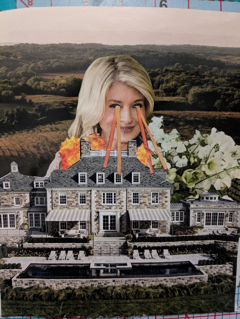 A large Martha Stewart leans over a mansion while shooting orange laser beams out of her eyes setting fires. In the background are green rolling hills